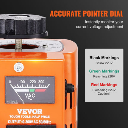 VEVOR 500VA Variabele spanningsvariabele transformator 1,7 A 230 V ingang, 0-300 V uitgang AC-spanningsregelaar Voeding met 4 extra zekeringen Thermische schakelaar voor thuis, industrieel kantoor