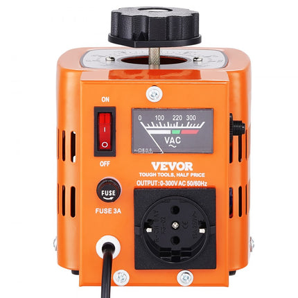 VEVOR 500VA Variabele spanningsvariabele transformator 1,7 A 230 V ingang, 0-300 V uitgang AC-spanningsregelaar Voeding met 4 extra zekeringen Thermische schakelaar voor thuis, industrieel kantoor