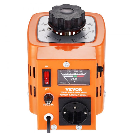 VEVOR 500VA Variabele spanningsvariabele transformator 1,7 A 230 V ingang, 0-300 V uitgang AC-spanningsregelaar Voeding met 4 extra zekeringen Thermische schakelaar voor thuis, industrieel kantoor