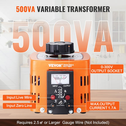 VEVOR Automatische variabele variabele transformator 500VA 1,7A Ingang 230V Uitgang 0-300V AC-spanningsregelaar 4 zekeringen Thermische schakelaar voor thuiskantoor