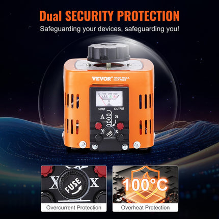 VEVOR Automatische variabele variabele transformator 500VA 1,7A Ingang 230V Uitgang 0-300V AC-spanningsregelaar 4 zekeringen Thermische schakelaar voor thuiskantoor
