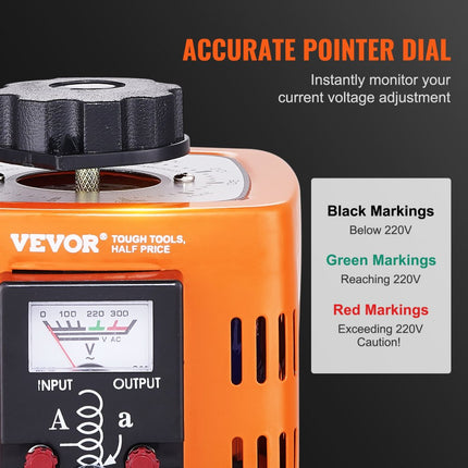 VEVOR Automatische variabele variabele transformator 500VA 1,7A Ingang 230V Uitgang 0-300V AC-spanningsregelaar 4 zekeringen Thermische schakelaar voor thuiskantoor