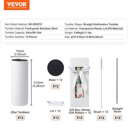 VEVOR 12-pack rechte sublimatiebekers, 20oz blanco bekers, roestvrijstalen dubbelwandige bekers met rietje, deksel, borstel, bodem, krimpfolie, geschenkdoos, voor hittepers en warmteoverdracht