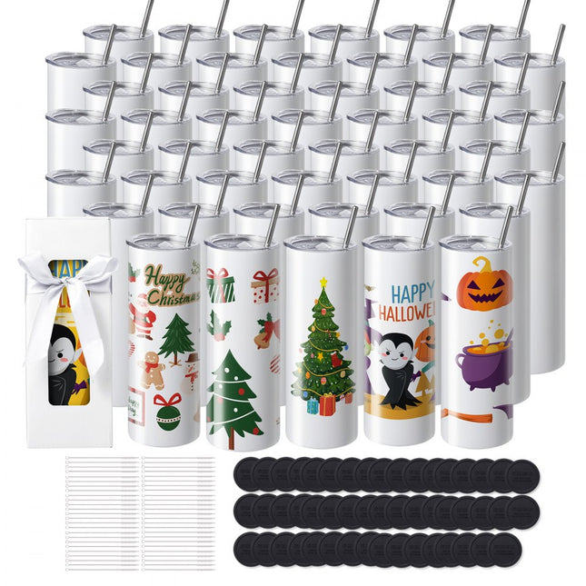 VEVOR 50-pack rechte sublimatiemokken, 20oz blanco mokken, roestvrijstalen dubbelwandige mokken met rietje, deksel, borstel, bodem, krimpfolie, geschenkdoos, voor hittepers en warmteoverdracht