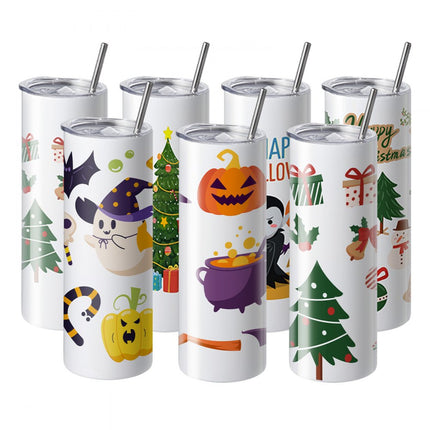 VEVOR 8-pack rechte sublimatiebekers, 20oz blanco bekers, roestvrijstalen dubbelwandige bekers met rietje, deksel, borstel, bodem, krimpfolie, geschenkdoos, voor hittepers en warmteoverdracht