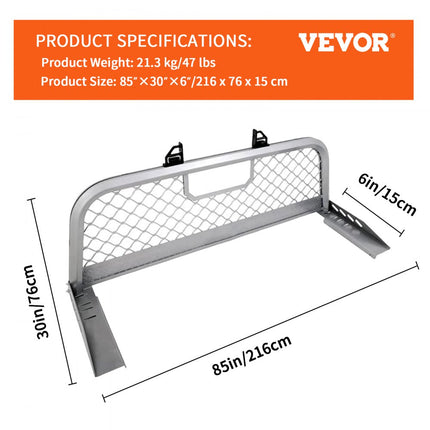 VEVOR Hoofdpijnrek Aluminium 136 kg Gewichtscapaciteit Truck Mount Truckbed, 2057,4 x 660,4 x 152,4 mm Past op Truck Black Truck Headache Rack Boren vereist