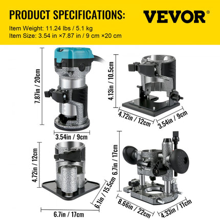 VEVOR Eenhand houten bovenfrees randfrees 33000 omw/min, vaste basis, hellingsbasis, onderdompelbasis, offset basis, 3 spantangen 6,35/6/8 mm, frees 6/8 mm incl, bochtgeleiding, aluminiumlegering