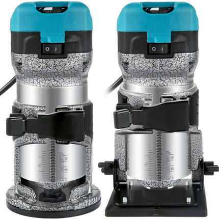 VEVOR Eenhand houten bovenfrees randfrees 33000 omw/min, vaste basis, hellingsbasis, onderdompelbasis, offset basis, 3 spantangen 6,35/6/8 mm, frees 6/8 mm incl, bochtgeleiding, aluminiumlegering