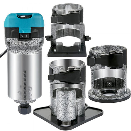 VEVOR Eenhand houten bovenfrees randfrees 33000 omw/min, vaste basis, hellingsbasis, onderdompelbasis, offset basis, 3 spantangen 6,35/6/8 mm, frees 6/8 mm incl, bochtgeleiding, aluminiumlegering