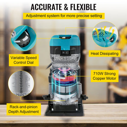 VEVOR Elektrische Hand Trimmer 710W Elektrische Trimmer-Router Laminaat Router Trimmer met Drie Freesspantangen, Bovenfrees en Trimmer met Kantel Duik Basissen, Aluminium Omhulsel 13k-33kRPM Rotatie