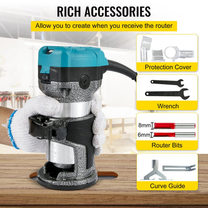 VEVOR Elektrische Hand Trimmer 710W Elektrische Trimmer-Router Laminaat Router Trimmer met Drie Freesspantangen, Bovenfrees en Trimmer met Kantel Duik Basissen, Aluminium Omhulsel 13k-33kRPM Rotatie