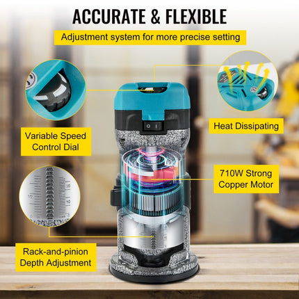 VEVOR Elektrische Hand Trimmer, 710 W Elektrische Trimmer-Router, Laminaat Router Trimmer met Drie Freesspantangen, Bovenfrees en Trimmer met Vaste Basis, Aluminium Omhulsel en 13k-33k RPM Rotatie