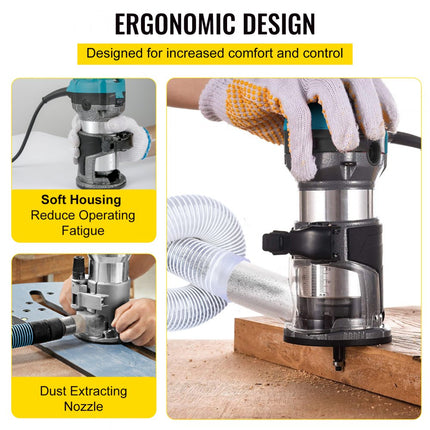 VEVOR Elektrische Hand Trimmer, 710 W Elektrische Trimmer-Router, Laminaat Router Trimmer met Drie Freesspantangen, Bovenfrees en Trimmer met Vaste Basis, Aluminium Omhulsel en 13k-33k RPM Rotatie