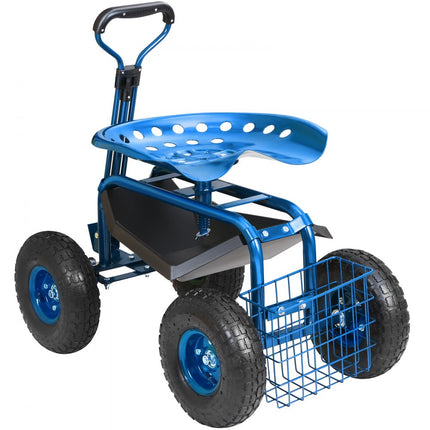 VEVOR rolstoel, werkplaatswagen van staal, belastbaar tot 136kg, tuinwagen met 25cm handvat en 45-54cm in hoogte verstelbare stoel, trolley, 30PSI bandenspanning, werkstoel, tuinstoel, blauw