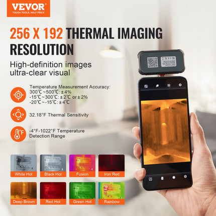 VEVOR warmtebeeldcamera voor Android 256x192 pixels Hoge resolutie 0,1°C hittegevoeligheid Temperatuurbereik van -20℃ tot 550℃ Infraroodcamera ideale keuze voor huisinspectie HVAC-loodgieterswerk etc.
