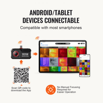 VEVOR warmtebeeldcamera voor Android 256x192 pixels Hoge resolutie 0,1°C hittegevoeligheid Temperatuurbereik van -20℃ tot 550℃ Infraroodcamera ideale keuze voor huisinspectie HVAC-loodgieterswerk etc.