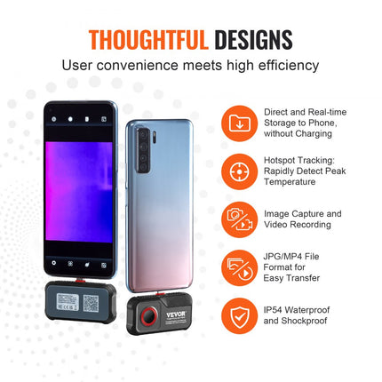 VEVOR warmtebeeldcamera voor Android 256x192 pixels Hoge resolutie 0,1°C hittegevoeligheid Temperatuurbereik van -20℃ tot 550℃ Infraroodcamera ideale keuze voor huisinspectie HVAC-loodgieterswerk etc.