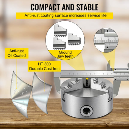 VEVOR Metalen Draaibank Klauwplaat 125 mm 3 Kaak Draaibank Klauwplaat, 3 Klauw Zelfcentrerende Klauwplaat Hoge Precisie Groot Klembereik zeer Geschikt voor CNC-draaibanken Slijpmachine Boormachine
