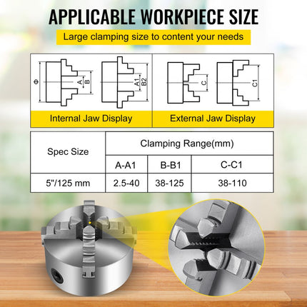 K12-125 5" 4 Jaw Lathe Chuck Reversible Jaw Milling Machine Semi-steel Cast Iron