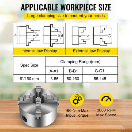 Lathe Chuck K12-160 160mm 4 Jaw Reversible Cast Iron 6 Inch Milling Machine