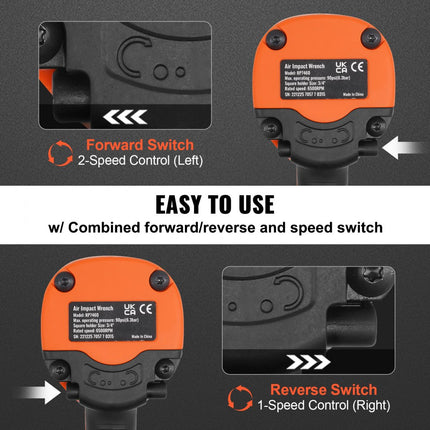 VEVOR slagmoersleutel perslucht max. losdraaimoment 2535,4 Nm persluchtschroevendraaier vierkant 1,9 cm slagmoersleutel max. koppel 2305 Nm trillingsarme persluchtschroevendraaier 6000 omw/min onbelast toerental