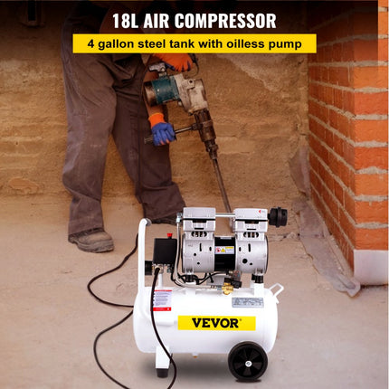 VEVOR Stille Compressor Tank 18 L Stille Luchtcompressor 850 W Draagbare Luchttank Gemaakt van Gelegeerd Staal met eén Druk Meter en 1440 RPM Rotatiesnelheid voor Huisreparatie, Bandenspanning, enz