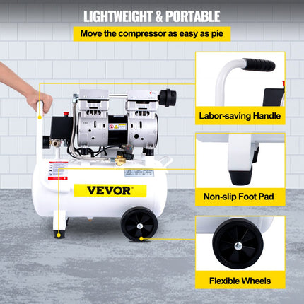 VEVOR Stille Compressor Tank 18 L Stille Luchtcompressor 850 W Draagbare Luchttank Gemaakt van Gelegeerd Staal met eén Druk Meter en 1440 RPM Rotatiesnelheid voor Huisreparatie, Bandenspanning, enz