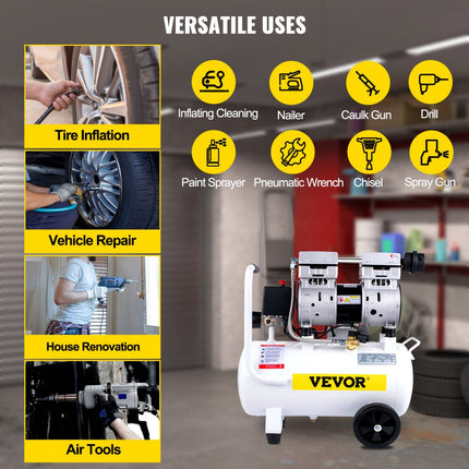 VEVOR Stille Compressor Tank 18 L Stille Luchtcompressor 850 W Draagbare Luchttank Gemaakt van Gelegeerd Staal met eén Druk Meter en 1440 RPM Rotatiesnelheid voor Huisreparatie, Bandenspanning, enz
