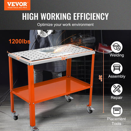 VEVOR Mobiele Lastafel 91.4x45.7cm Laswerkbank 544kg Laadvermogen Gatentafel 94 Gaten (φ1.6cm) Werkbank Koolstofstalen Werktafel Laskar met Wielen 4 Gereedschapssleuven