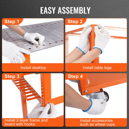 VEVOR Mobiele Lastafel 91.4x61cm Laswerkbank 272kg Laadvermogen Gatentafel 216 Gaten (φ1.6cm) Werkbank Koolstofstalen Werktafel met Wielen Gereedschapsbak aan zijkant 11 Haken