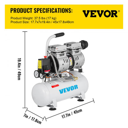 VEVOR Olievrije Draagbare Luchtcompressor 550W Olievrije Stille compressor 9L Luchtcompressor Olievrije Pomp Draagbaar Perfecte Unit Voor Al Inflatiebehoeften Plaatwerk Schilderen Stalen Luchtpistoo