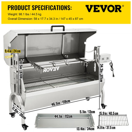 VEVOR Elektronische Lamsbraadmachine, 132 lbs Laden RVS BBQ Draaispit Rotisserie Kit, Braaddoos met 40 W Motor Verstelbare Hoogte Afsluitbare Zwenkwielen Baffle voor Buiten Kamperen Kampvuurbarbecue