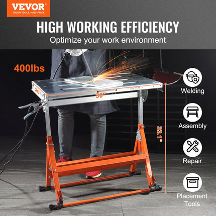 VEVOR Opklapbare Lastafel 30"x20" Werkbank 181kg Laadvermogen Hoogte Verstelbaar van 25" tot 32" Verstelbare Hoek 0°/30°/90° Werkbank Koolstofstalen Werkplaatstafel met Wielen