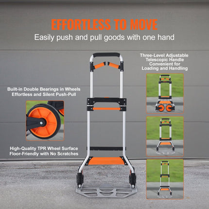 VEVOR steekwagen opvouwbare transportwagen van 140 kg gemaakt van aluminiumlegering en kunststof stapelwagen met verstelbare handgreep 900-1109 mm opvouwbare trolley met trekkoord compact formaat voor opslag
