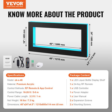 VEVOR barplank wijnrek LED-verlichting wandmontage 2-laags display van 121 cm