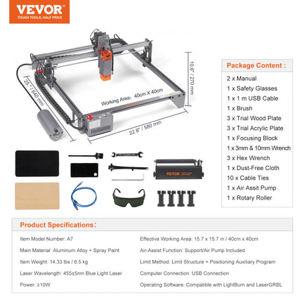 VEVOR lasergraveermachine 10W graveerapparaat 40x40cm werkgebied lasergraveerder 455±5nm blauwlichtlaser 10.000 mm/min Compatibel met LightBurn & LaserGRBL voor hout kunststof, acrylleer roestvrij staal