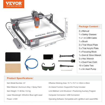 VEVOR lasergraveermachine 10W graveerapparaat 40x40cm Werkgebied Lasergraveur 455 ± 5 nm Blauwlichtlaser 10.000 mm / min USB-poort Compatibel LightBurn & LaserGRBL voor hout, kunststof, acryl, leer enz.
