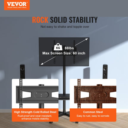 VEVOR TV-standaard met wielen Universeel 1430-1538 mm in hoogte verstelbaar, 100 x 100 mm / 400 x 400 mm, 39,9 kg Robuuste vloerstandaardbasis Geschikt voor 23"-60" TV, TV-beugel