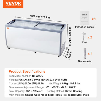 VEVOR 567L commerciële ijsvitrine Gelato Dip vriezer ijsvitrine