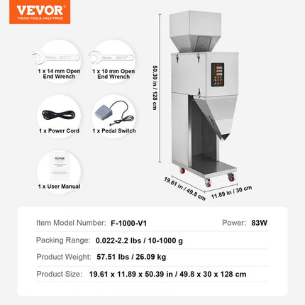 VEVOR deeltjesvulmachine, automatische vulmachine van 0,022-2,2 lbs/10-1000 g met voetpedaal, roestvrijstalen weegvulmachine, weegvulmachine voor bonen, zaden, granen, thee, korrelsverpakking