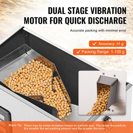 VEVOR Automatische deeltjesverpakkingsmachine 0,002-0,22lbs / 1-100g Multifunctionele zak Poederzak Verzwaarde vulverpakkingsmachine Poedervulmachine voor theezaden Granen Meelbonen