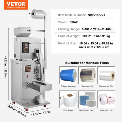 VEVOR Automatische deeltjesverpakkingsmachine 0,002-0,22lbs / 1-100g Multifunctionele zak Poederzak Verzwaarde vulverpakkingsmachine Poedervulmachine voor theezaden Granen Meelbonen