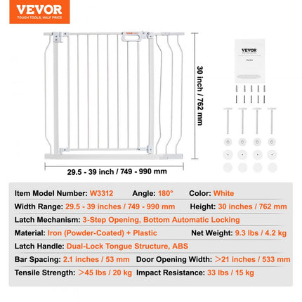 VEVOR deurveiligheidshek, slagboom, traphekje, 749-990 mm breedtebereik, kinderhekje, huisdierenhekje, traphekje, draaihek aan beide zijden, 762 mm hoogte, wit babyhekje zonder boren