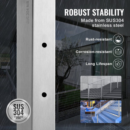 VEVOR kabelrailpalen ca. 91 x 2,5 x 5 cm stalen horizontale gaten relingpalen 10 voorgeboorde gaten SUS304 roestvrijstalen palen met horizontale en gebogen beugel, 1 stuks zilver