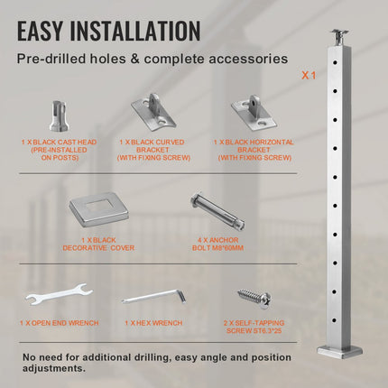 VEVOR kabelrailpalen ca. 91 x 2,5 x 5 cm stalen horizontale gaten relingpalen 10 voorgeboorde gaten SUS304 roestvrijstalen palen met horizontale en gebogen beugel, 1 stuks zilver