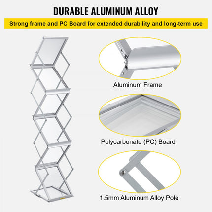 VEVOR Opvouwbaar Tijdschriftenrek Zilver Catalogus Houder Stand 26 x 36 x 152 cm Opvouwbare Catalogus van Aluminiumlegering en Pc-borden met 6 Vakken Gebruikt in Tentoonstellingen Beurzen Bibliotheken