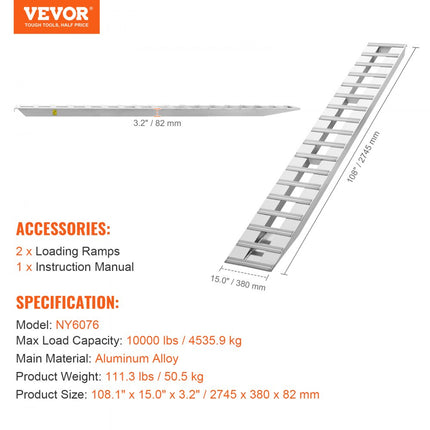 VEVOR auto-oprijplaat aluminium oprijplaten laadbrug 4535,9kg 2745x380mm 2 stuks.