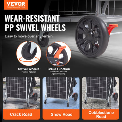 VEVOR Opvouwbare winkelwagen 200 lbs/90,7 kg Maximale belasting winkelwagen met zwenkwielen en tas Heavy Duty opvouwbare wasmandwagen Compact lichtgewicht opvouwbaar zilver