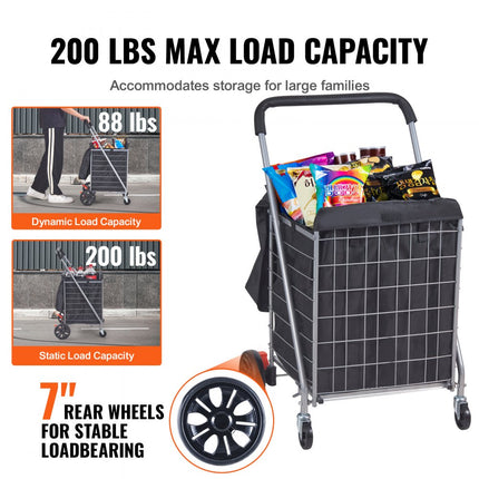 VEVOR Opvouwbare winkelwagen 200 lbs/90,7 kg Maximale belasting winkelwagen met zwenkwielen en tas Heavy Duty opvouwbare wasmandwagen Compact lichtgewicht opvouwbaar zilver