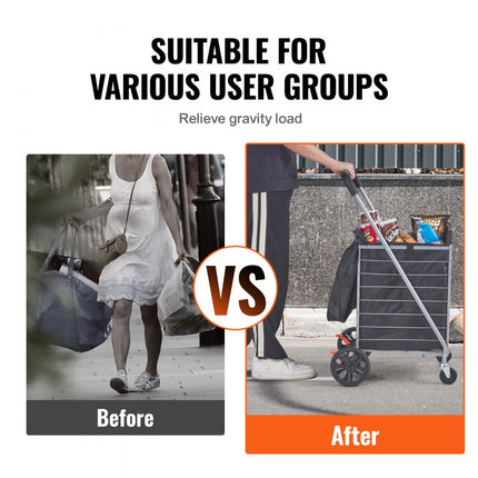 VEVOR Opvouwbare winkelwagen 200 lbs/90,7 kg Maximale belasting winkelwagen met zwenkwielen en tas Heavy Duty opvouwbare wasmandwagen Compact lichtgewicht opvouwbaar zilver